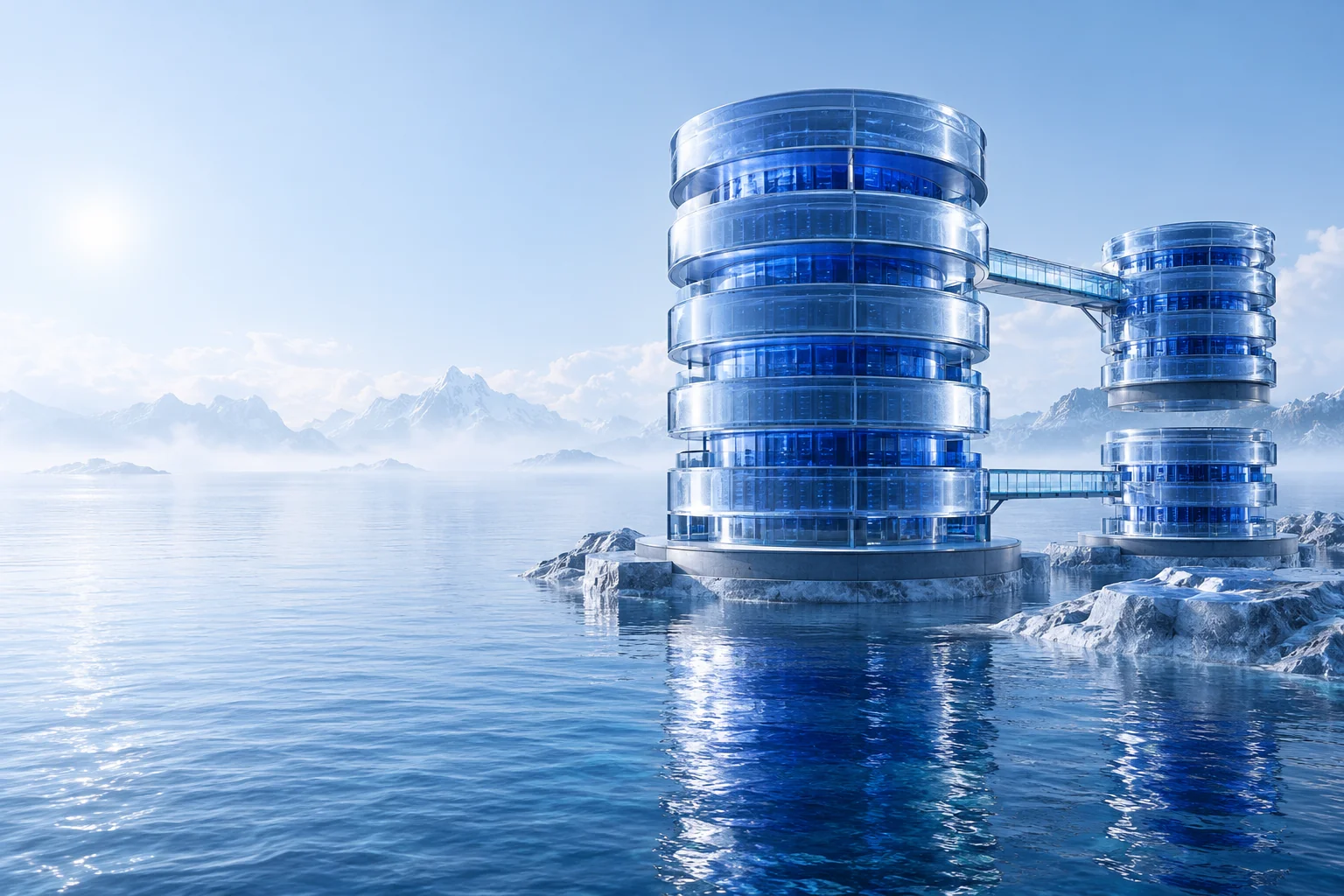Connected blue glass towers over calm water, illustrating a distributed data platform